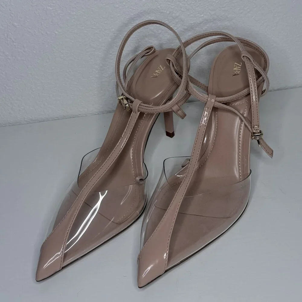 Zara Transparent Slingback Heels Nude Pointed Toe - Picture 1 of 4
